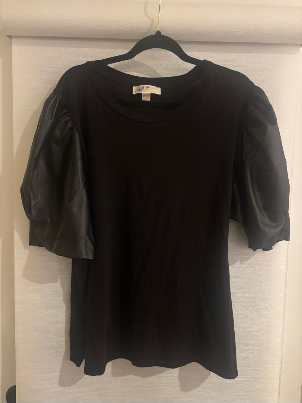 Michael Kors Black Puff Sleeve Tee with Faux Leather Accents